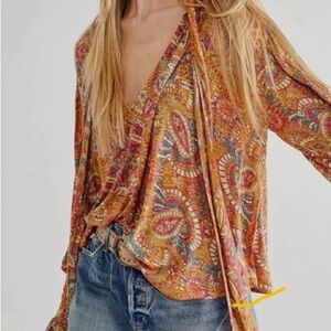 Free People Orange Gold Wrap Blouse